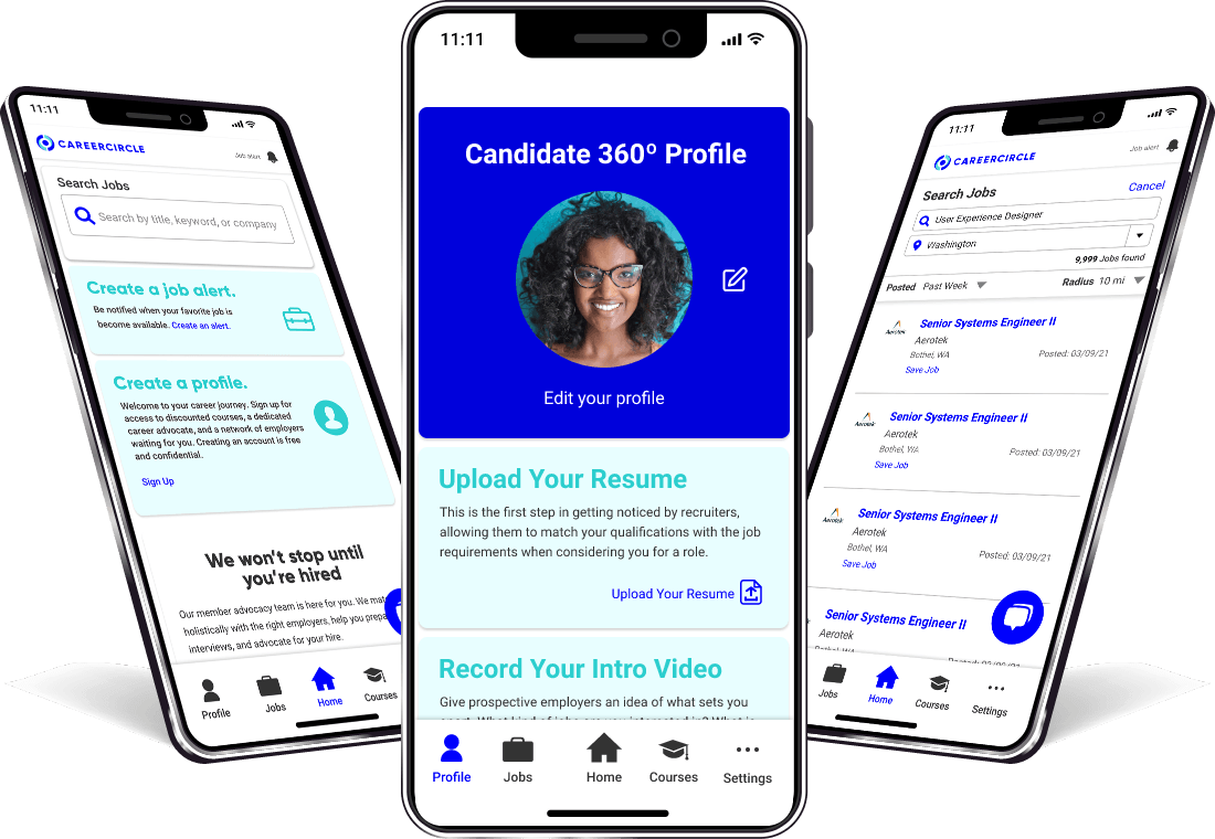 Mobile app view of job search results and user profile page